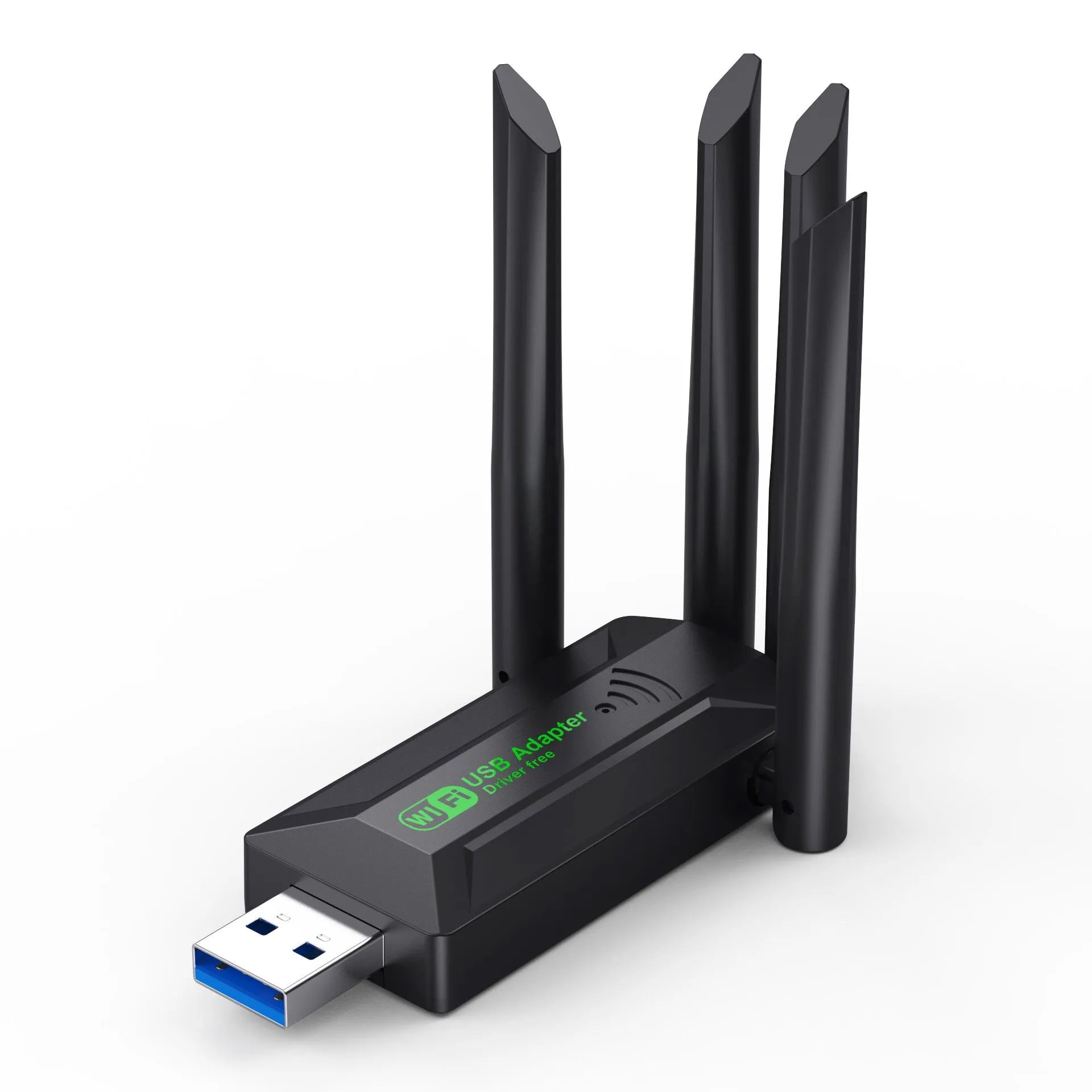 Black USB Wi-Fi network transmitter dongle with four external antennas.
