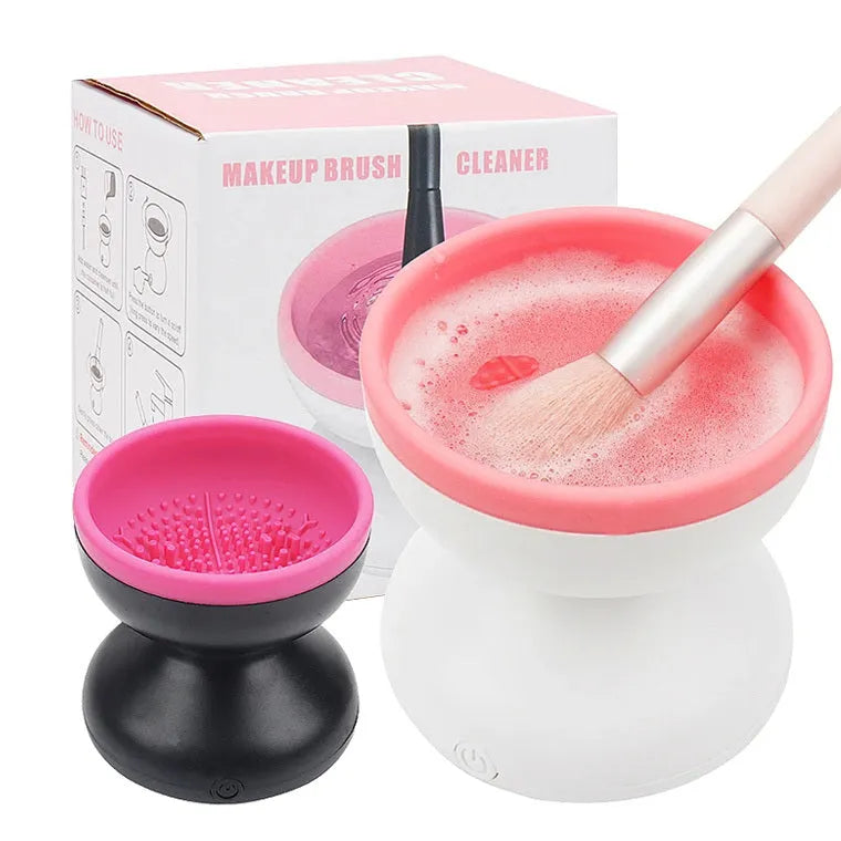 Electric makeup brush cleaner machine in white powder with silicone container and 80r/min motor, 9-8.8cm size