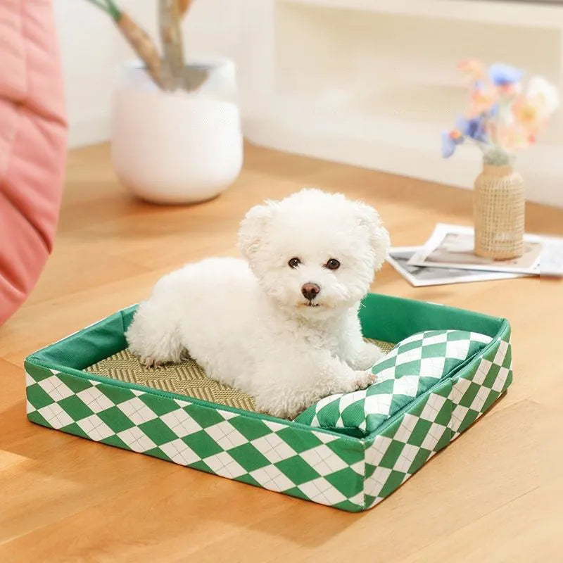 Blue rattan cat litter mat and bed in size L, showing woven texture and rectangular shape.