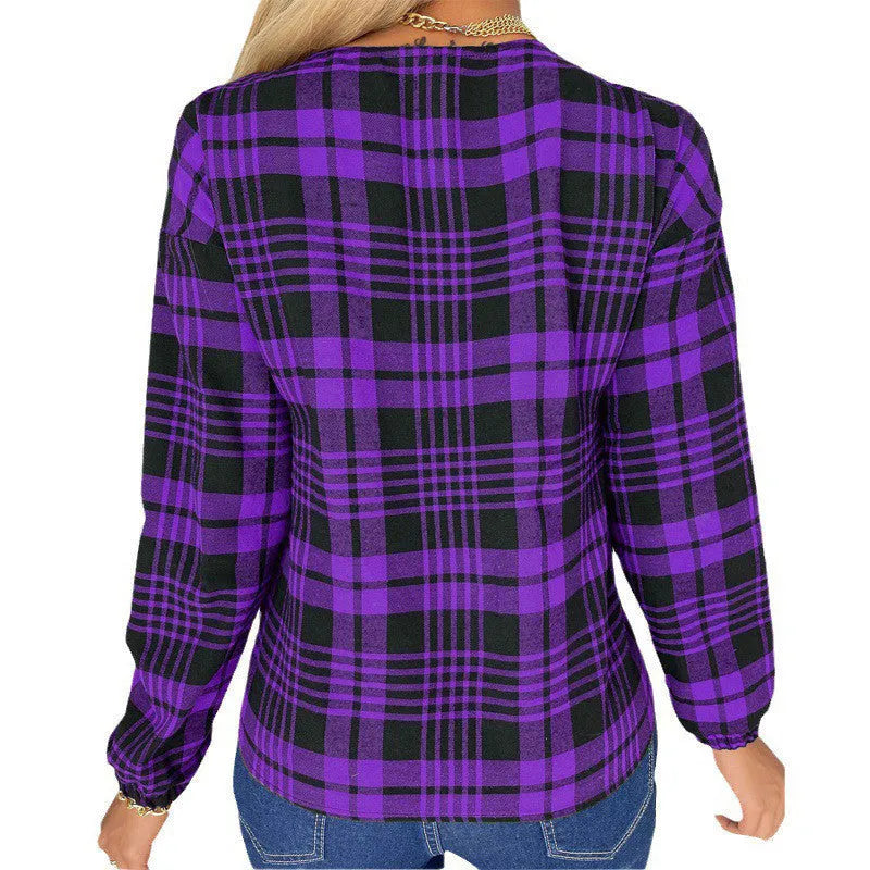 Women's purple plaid casual shirt with loose fit and regular sleeves on mannequin