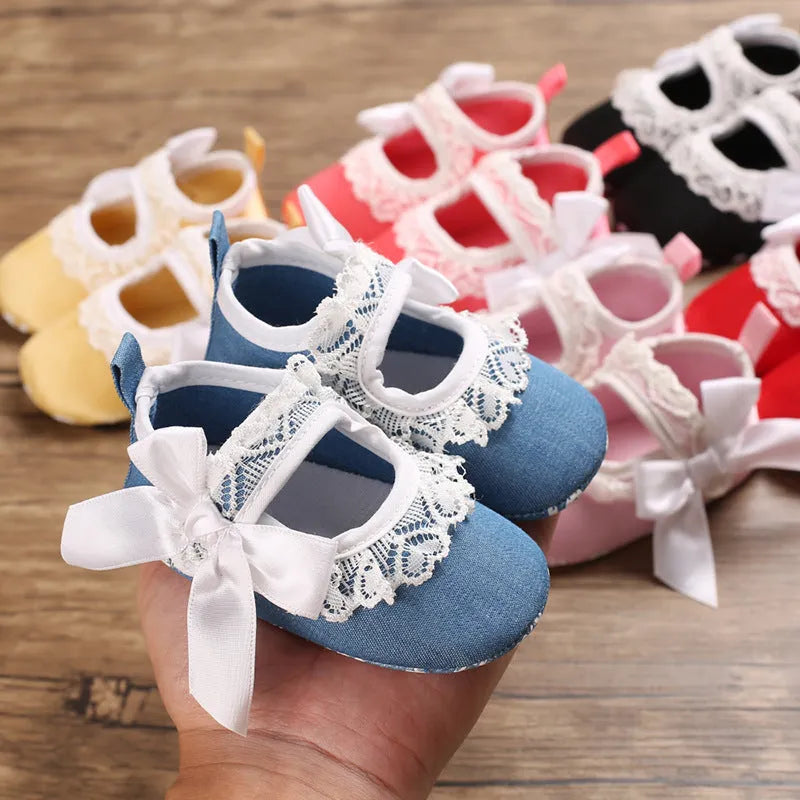 Baby toddler princess shoes with cotton upper, Velcro fastening, and non-slip sole on a white background
