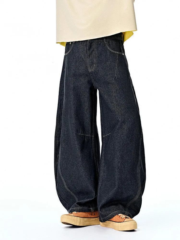 Men's wide leg denim trousers in original cow colour on a mid waist