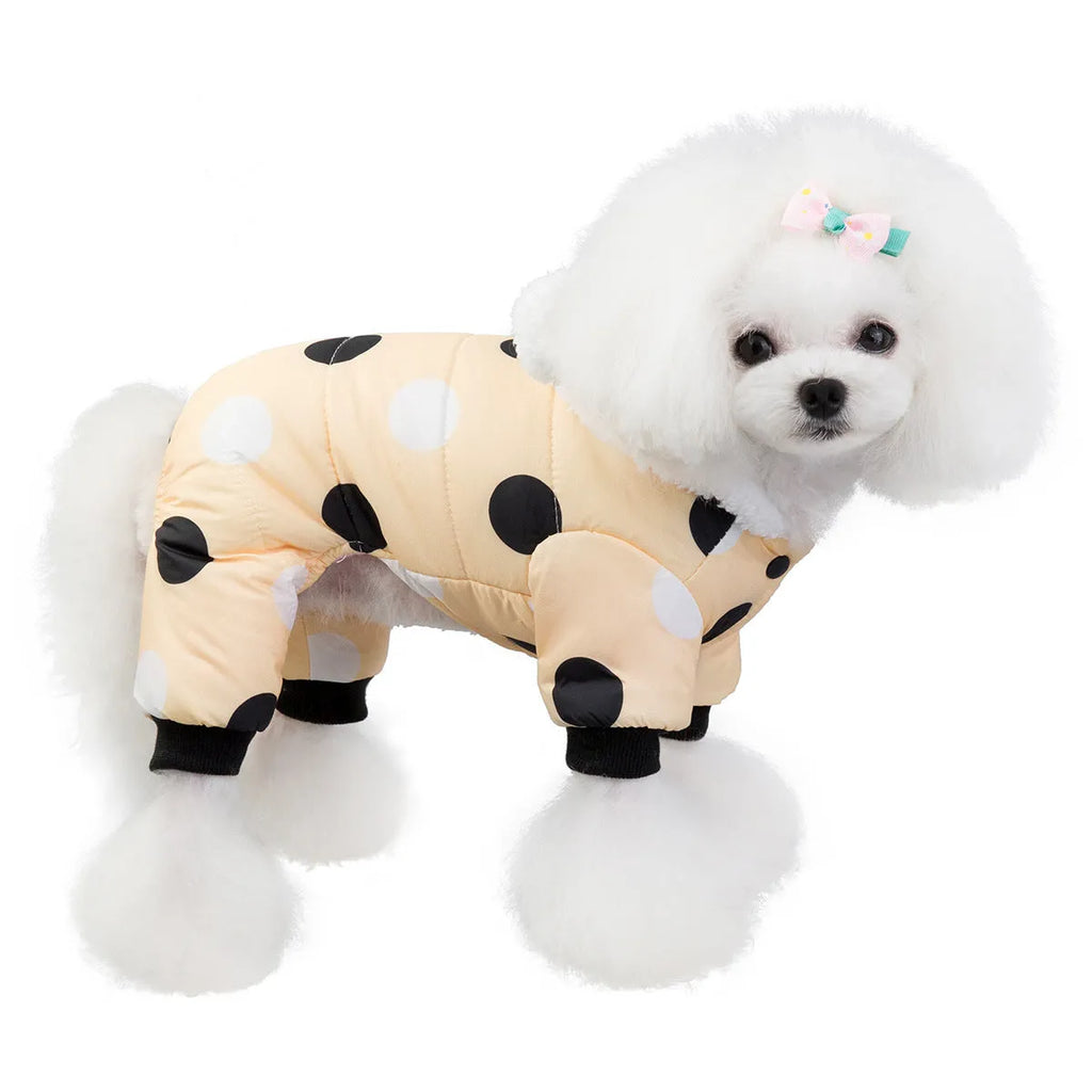 Warm big polka dot four-leg cotton pet coat in black, light yellow, or pink, sizes S to XXL