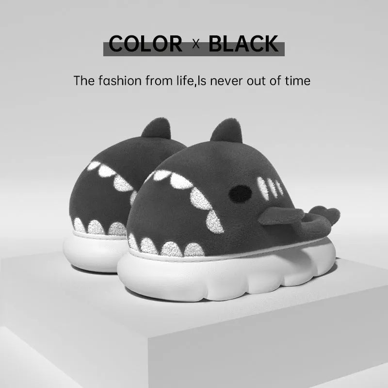 Shark slippers with suede upper embroidery design anti-skid sole winter house shoes grey