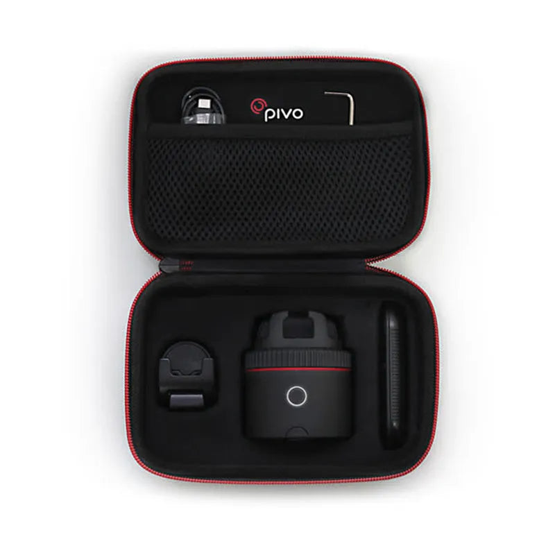 Matte black PIVO face tracking camera mounted on a surface with a smartphone attached.