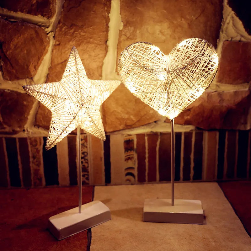 Rattan and copper wire LED decorative lamp in star, heart or moon shape for bedroom