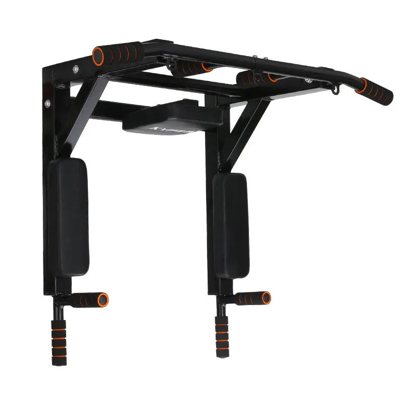 Black wall-mounted steel fitness rack with a sandbag holder and parallel pull-up bars.