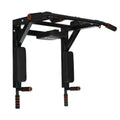 Black wall-mounted steel fitness rack with a sandbag holder and parallel pull-up bars.