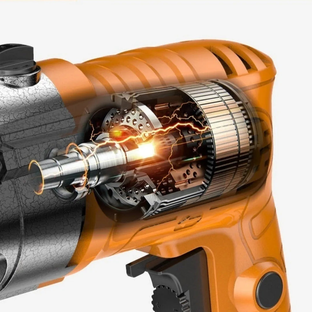 1980W aluminium shell impact drill with attachments including drill bit sleeve and universal shaft