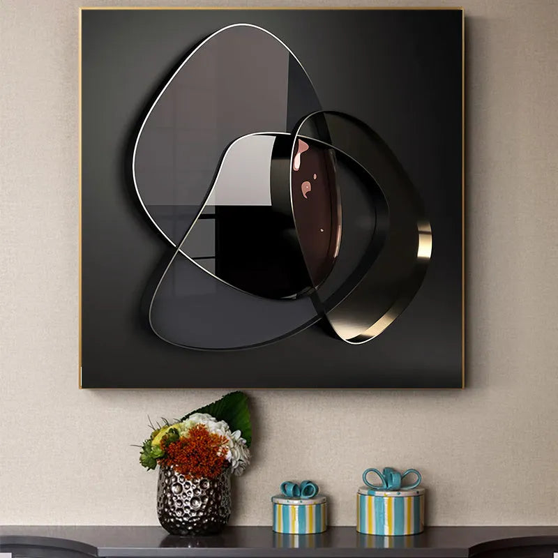 Modern abstract 3D metal wall art canvas painting, frameless spray painting finish, oil on canvas, square format