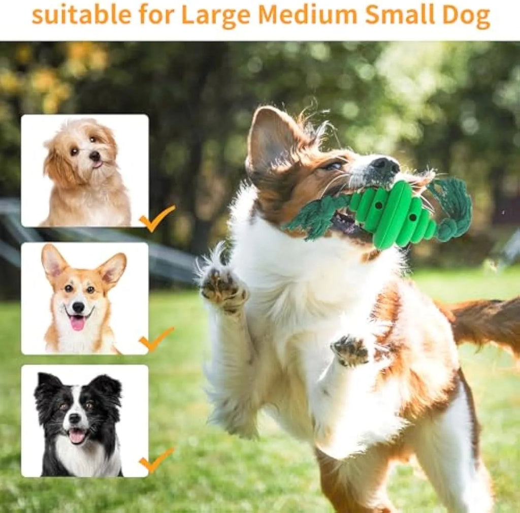 Green and yellow silicone dog ball with rope attachment for food dispensing and tug-of-war games