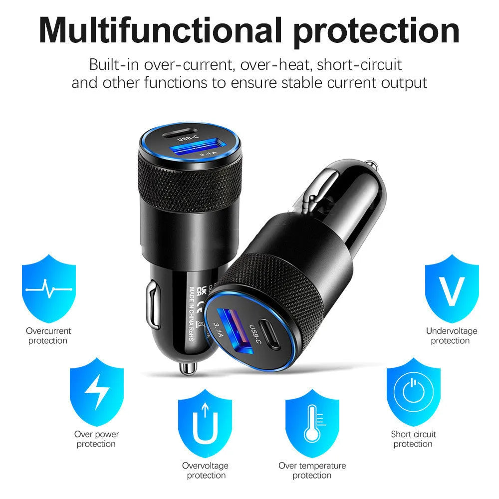 Aluminium alloy car charger in All Black and Black Silver colours with compact 2.5x6cm dimensions