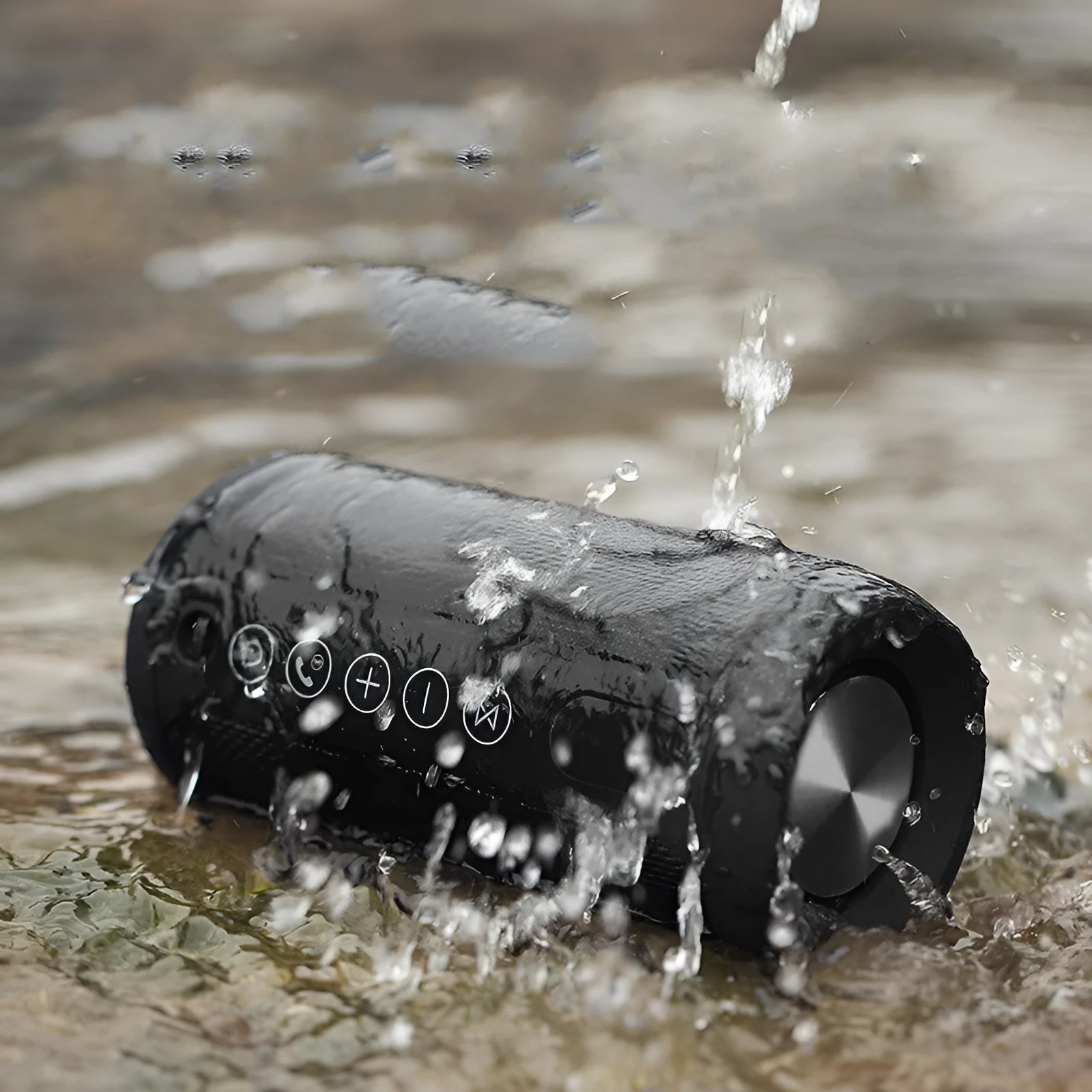 Outdoor waterproof Bluetooth speaker in black, camouflage, grey, or red colour.