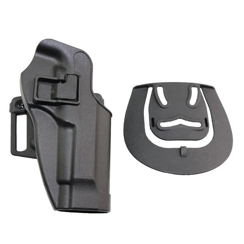Black plastic tactical holster on plain background for duty carry use