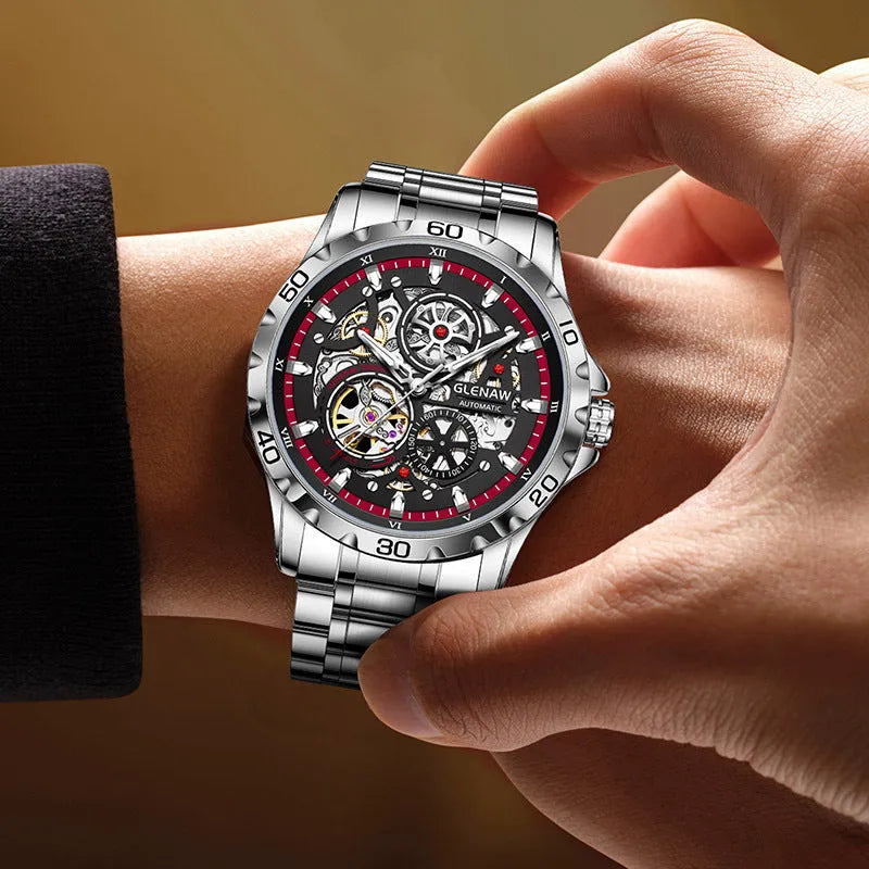 Men's automatic mechanical watch with hollow-out design showing internal mechanism and luminous hands on stainless steel bracelet
