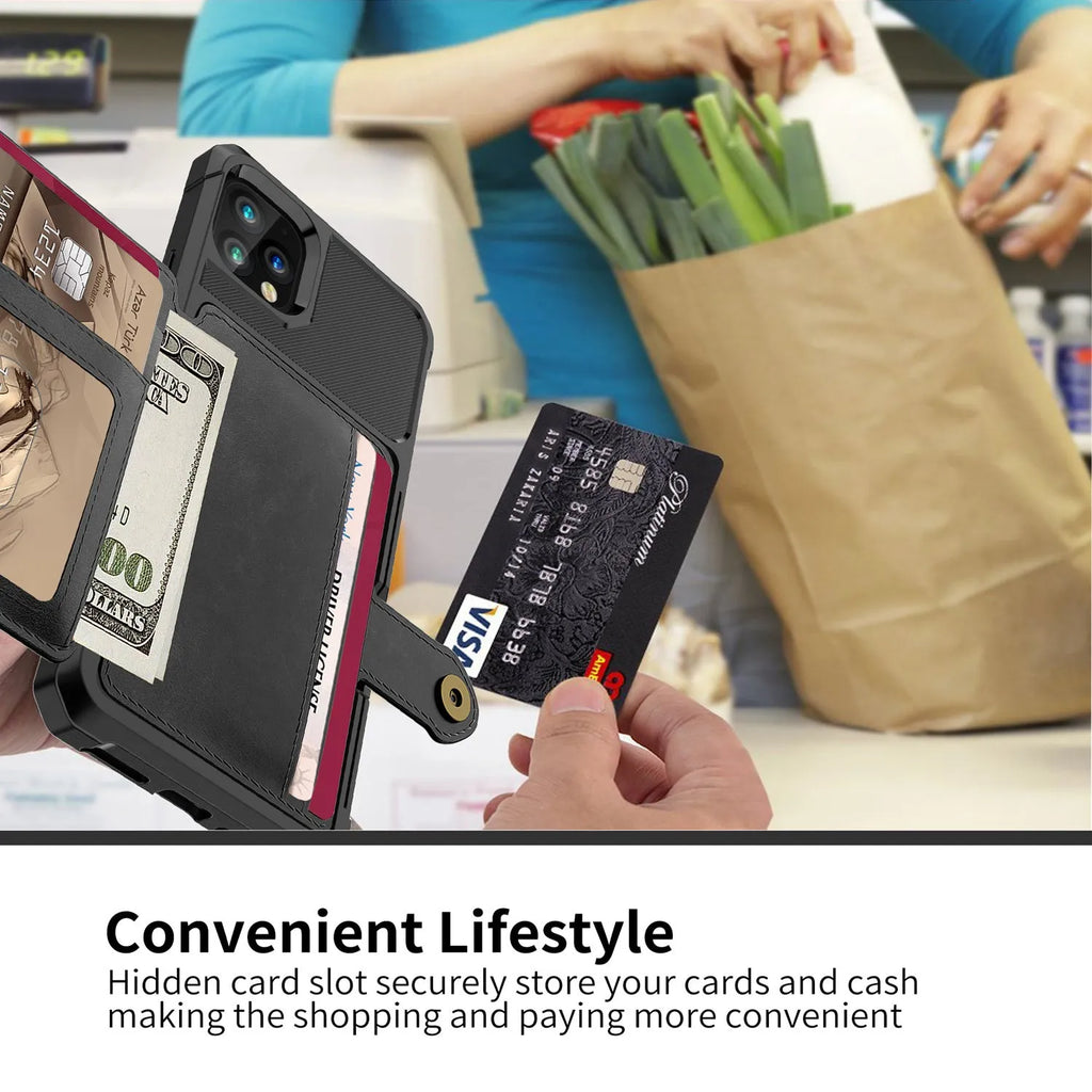 Imitation leather card wallet holder back cover phone case for iPhone in solid colour.