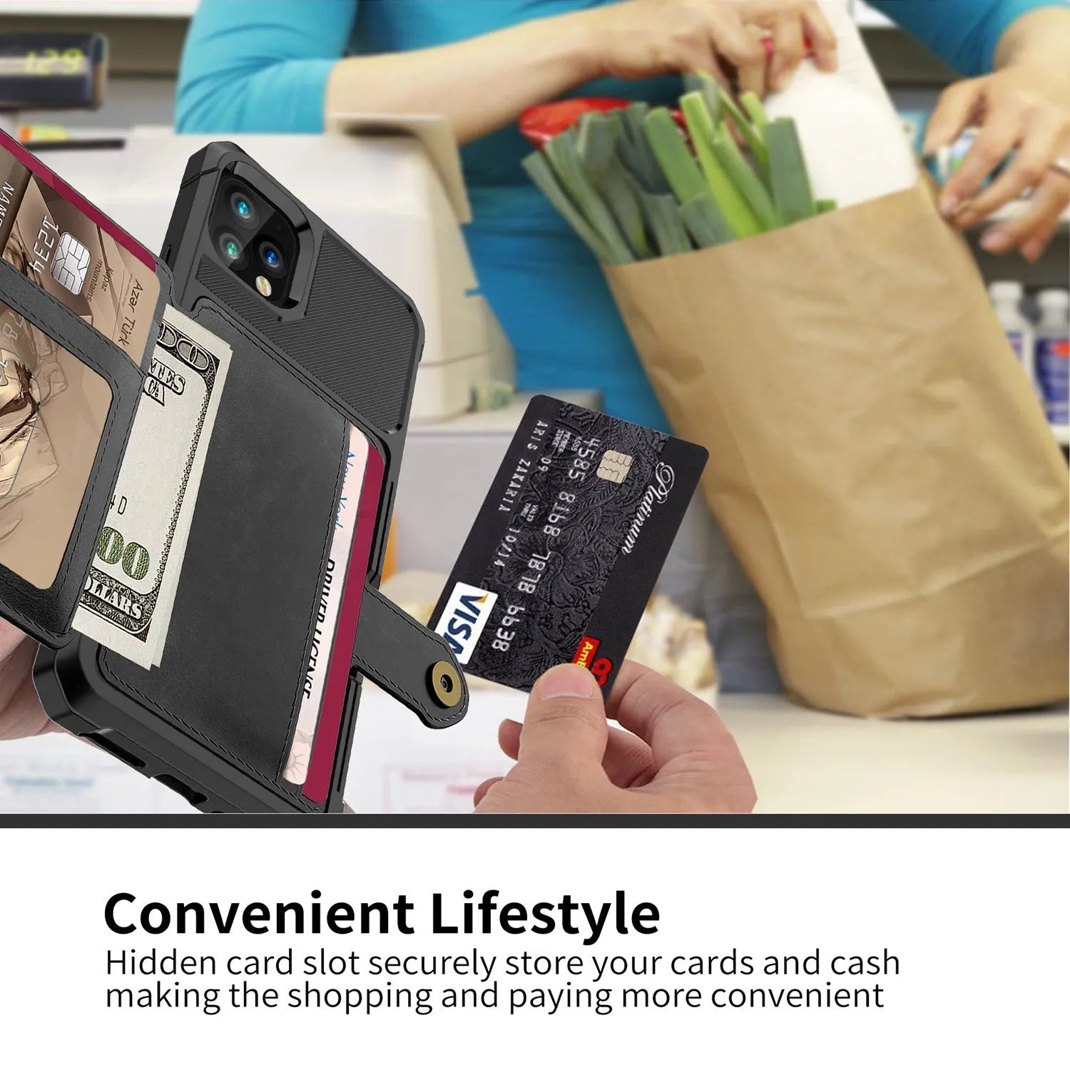 Imitation leather card wallet holder back cover phone case for iPhone in solid colour.