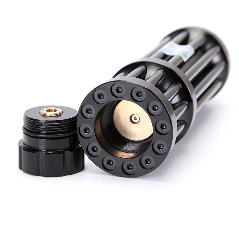 Black aluminium tactical flashlight with laser indicator showing tail switch and 168mm length