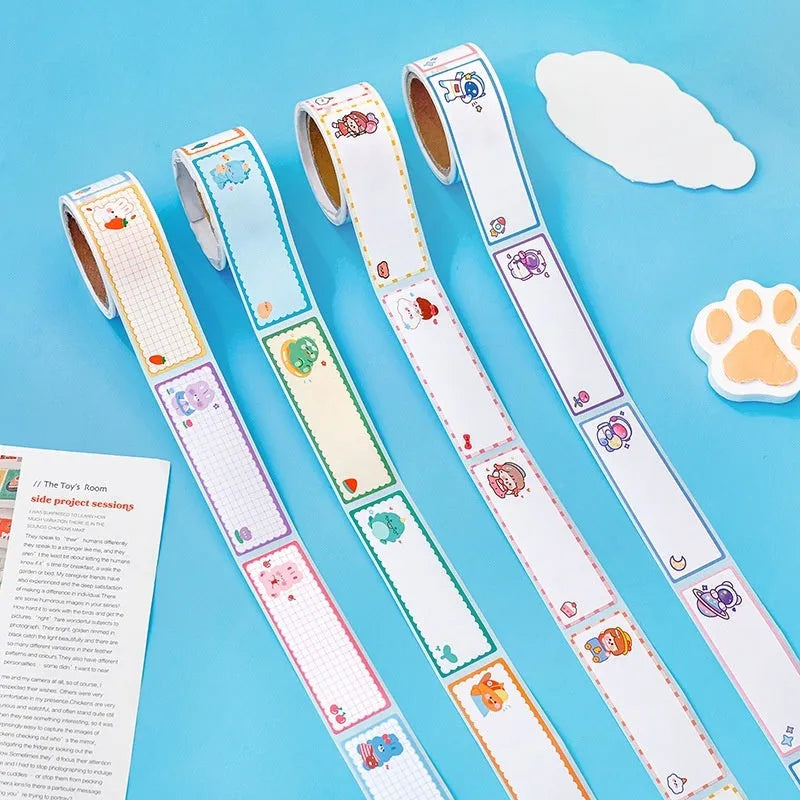 Roll of cartoon tape name stickers showing dinosaur, astronaut, rabbit, and girl designs with 60 stickers