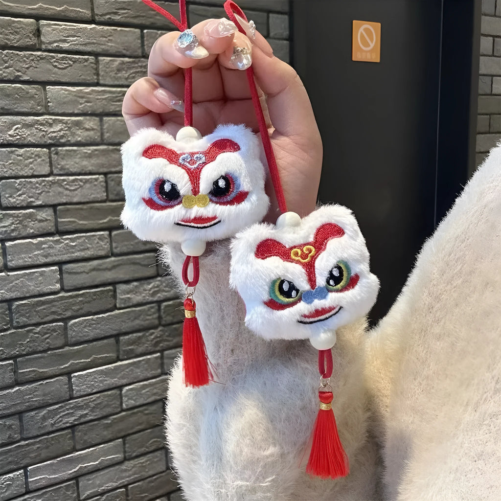 Chinese style plush lion keychain ornament with star stone detail in blue colour