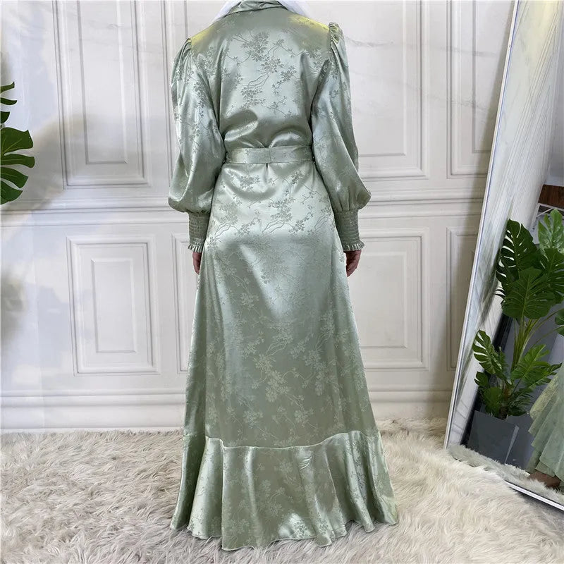 New fashion women's patchwork Muslim dress in satin print, green colour, full-length modest style