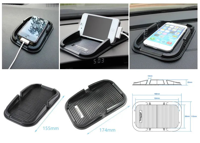 Black PU car dashboard non-slip mat with storage box for phone and small items, washable PVC, 3 sizes