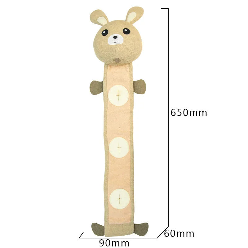A 65 cm long plush Fleece Rabbit dog toy designed for sniffing games, sound-making, and bite-resistant chewing.