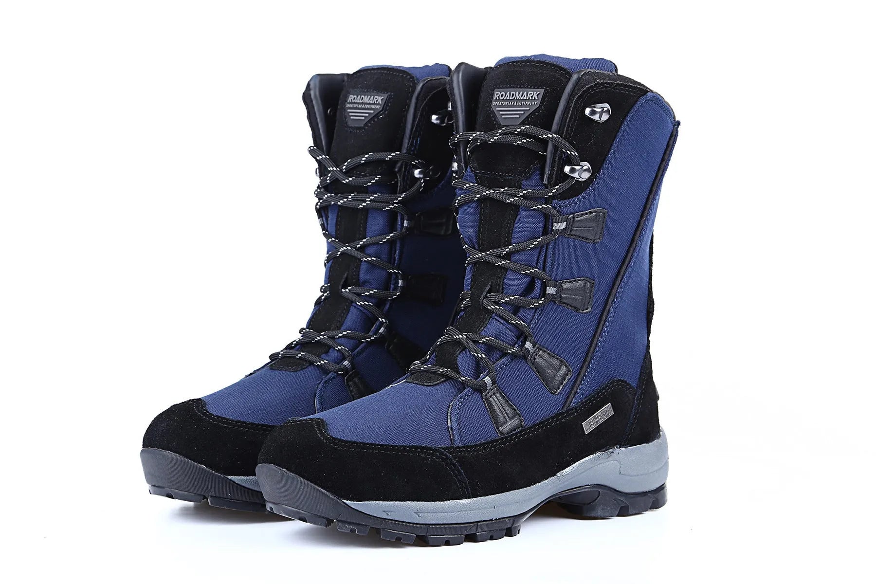 Women's black mid-calf snow boots with a round toe and genuine leather upper on a rubber sole.