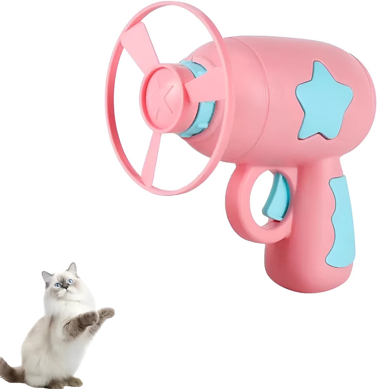 Blue interactive cat toy gun launching plastic frisbee for indoor feline play