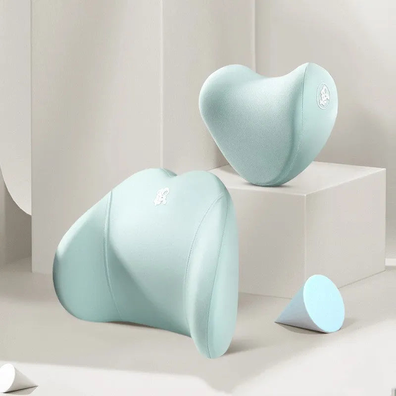 Heart-shaped car pillow set with memory foam filling for headrest and lumbar support in multiple colour options