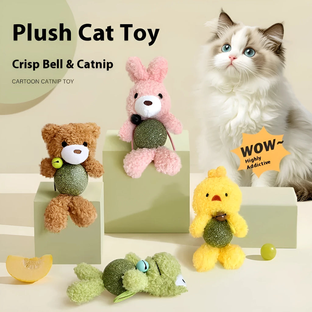 Plush catnip ball toy with bell in animal designs including brown bear and green frog