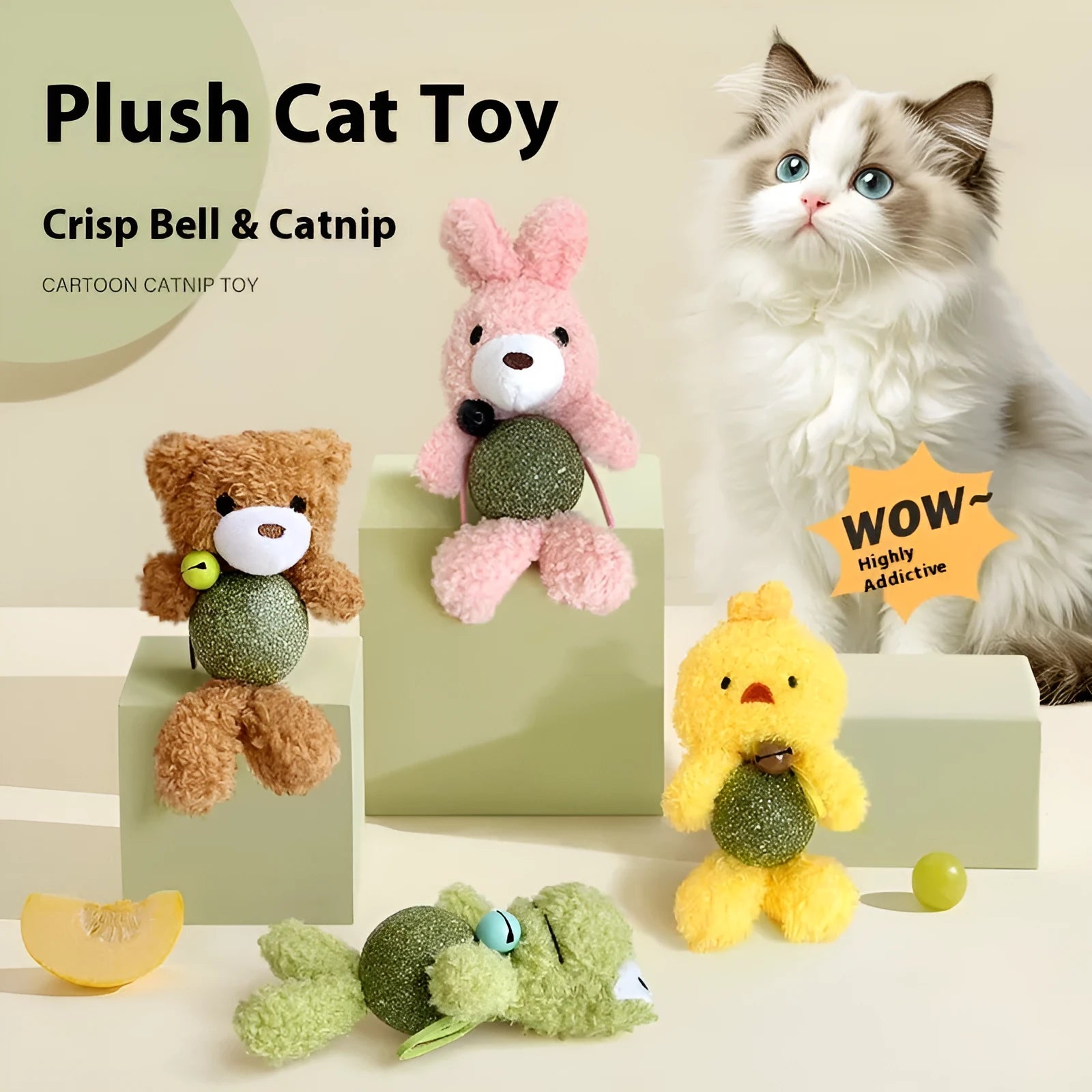 Plush catnip ball toy with bell in animal designs including brown bear and green frog