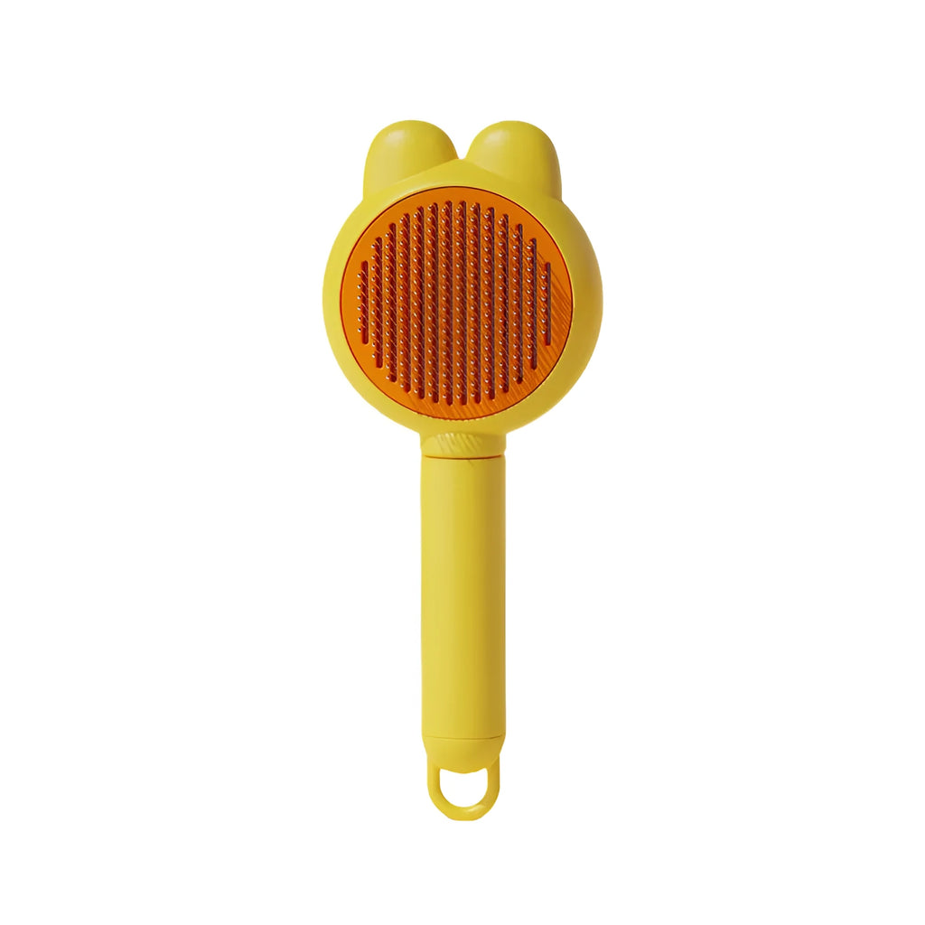 Green self-cleaning pet brush with stainless steel comb and a release button on the handle.