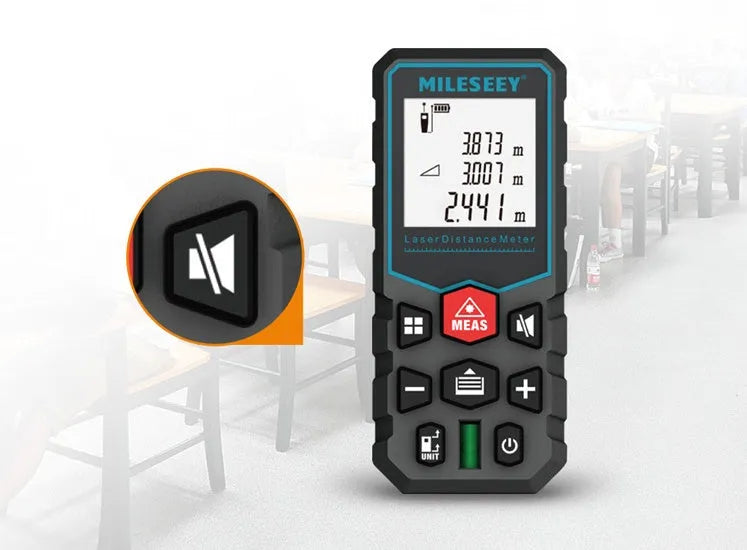 Handheld laser rangefinder 115x50x28mm in classic black showing digital display and button