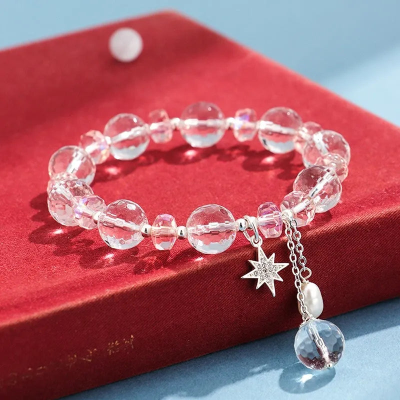 White crystal XINGX bracelet with lucky cat charm and diamond-shaped crystals in Korean style design