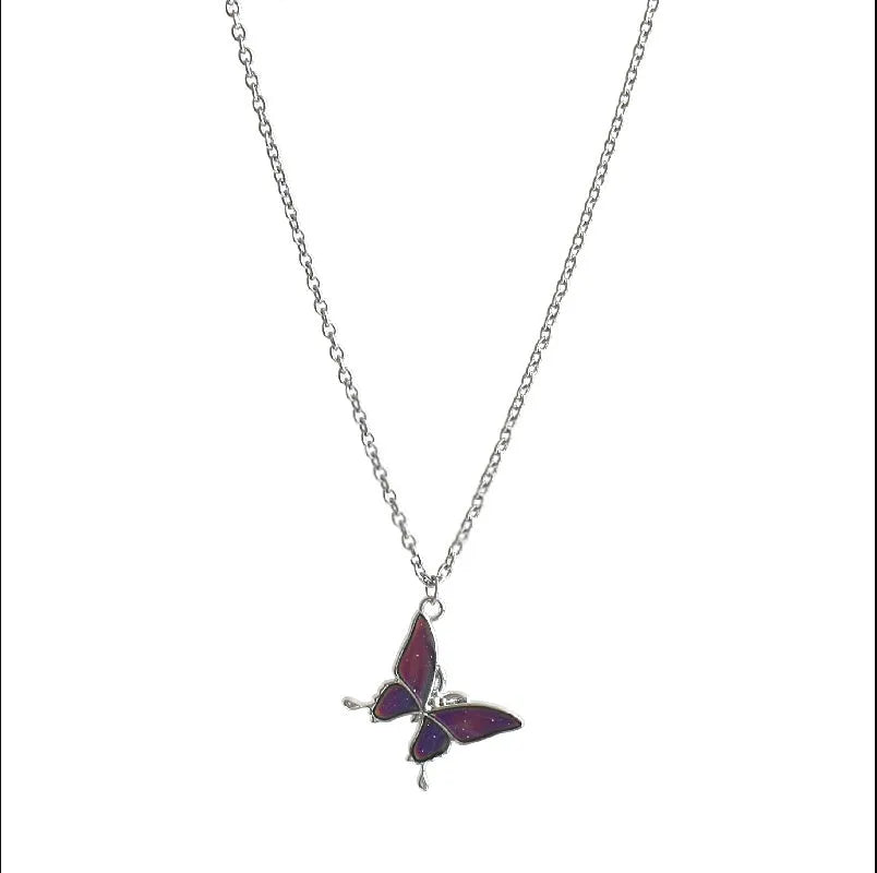 Retro colour-changing butterfly necklace on alloy O-ring chain, unisex design in butterfly cross chain style