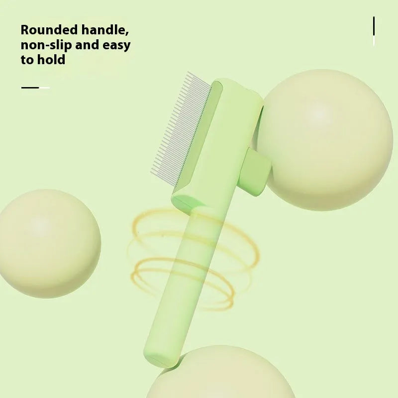 Pet comb with one-click hair removal and knot opening, ABS material, 19x7cm size, dense gear style in white.