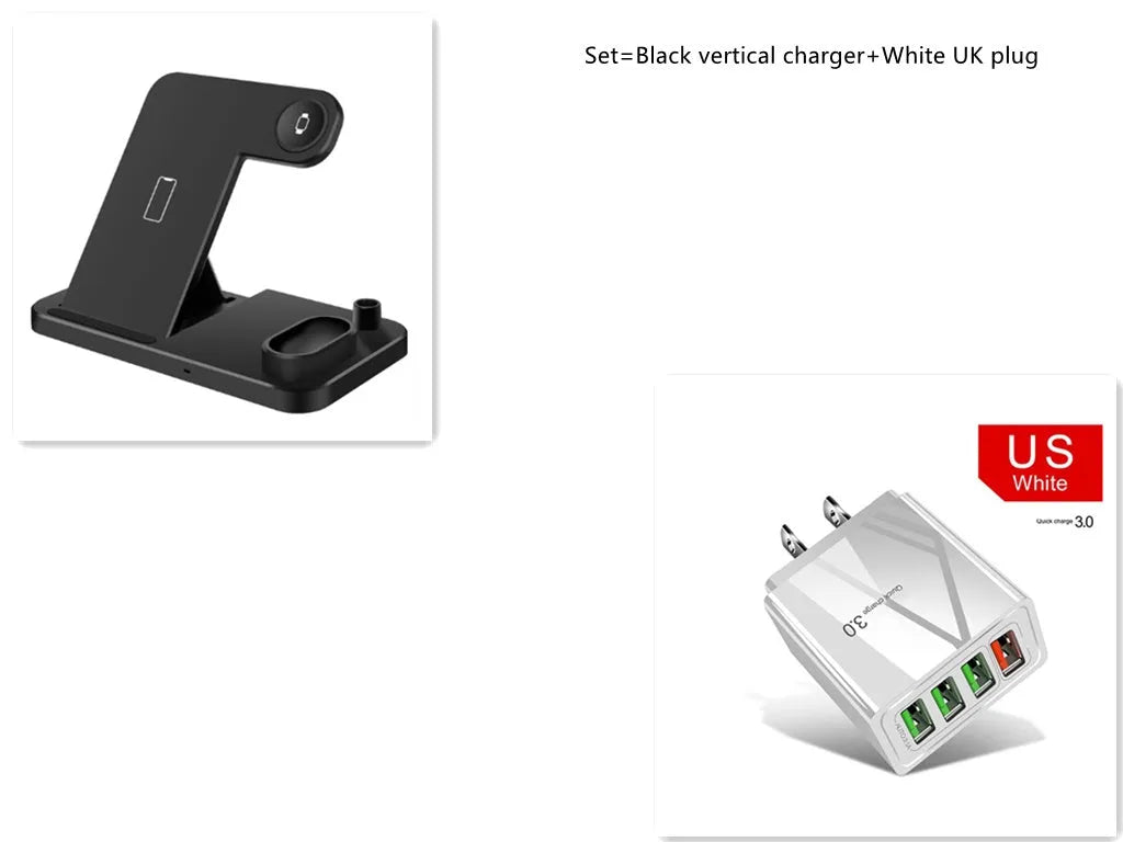 Black 4-in-1 wireless charging station with phone on adjustable magnetic stand, charging Apple Watch, AirPods, and Apple Pencil.