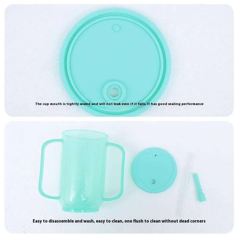 Adult oblique mouth choke proof bed drinking cup with handle and optional wrist splint.