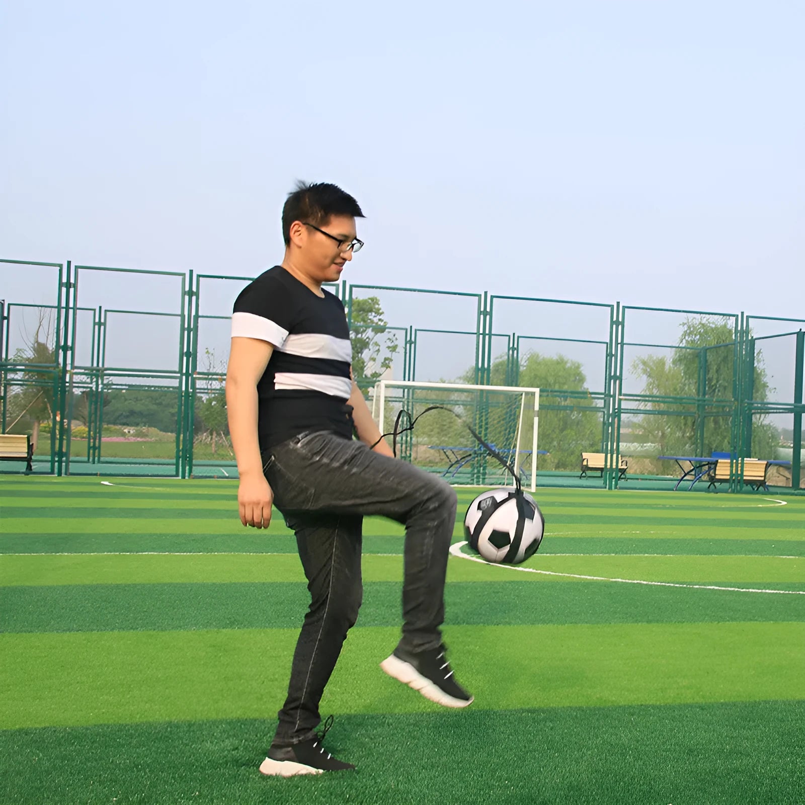 Black football juggling training belt made from diving suit fabric, 2 metres in length.