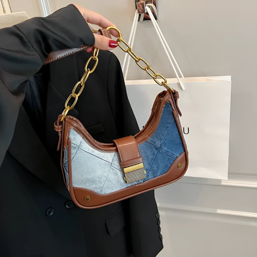 Brown denim women's shoulder bag with diamond mesh chain detail and bucket design