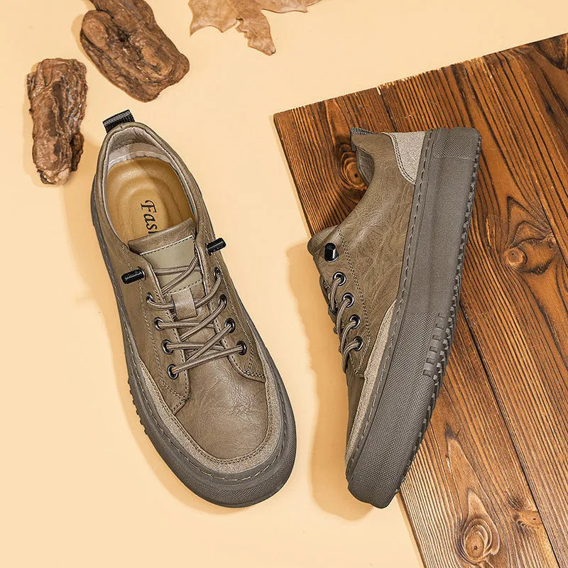 Men's round toe board shoes in black with lace-up front and rubber sole