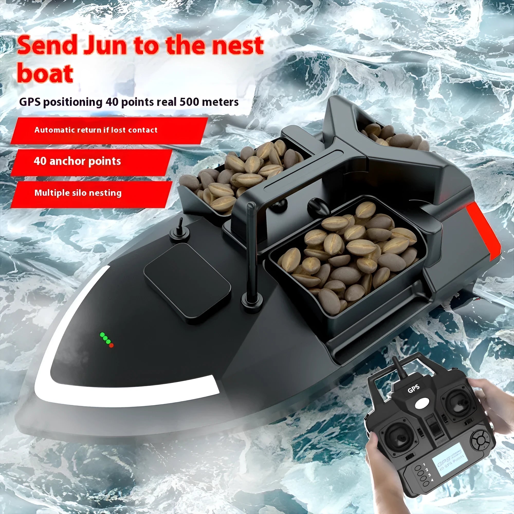 Black GPS remote control fishing boat with antenna on a calm lake