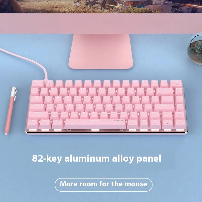 Pink-themed 82-key mechanical keyboard with white backlight on a metal chassis