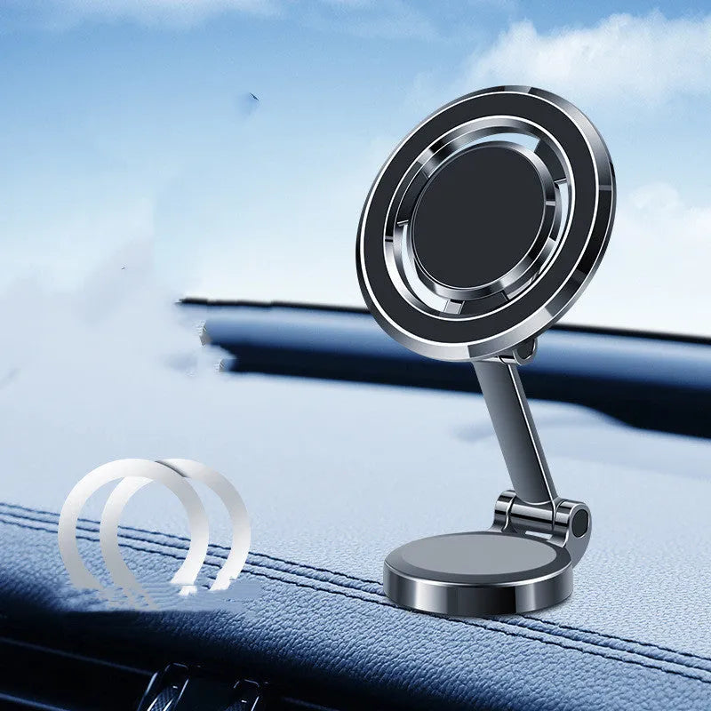 Black car phone holder with 360-degree rotation bracket mounted on dashboard