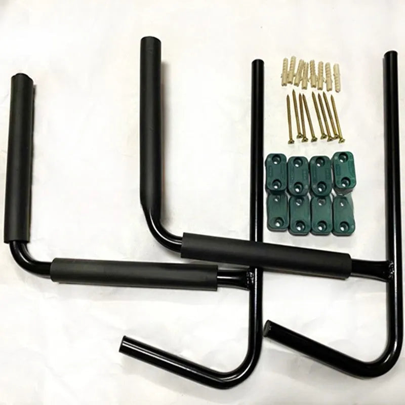 Heavy-duty carbon steel kayak and surfboard wall hanger storage rack.