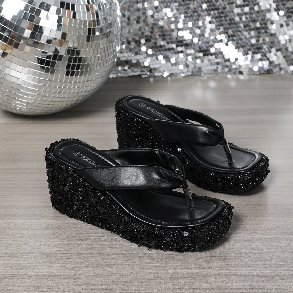 Women's sequin wedge sandals with shiny platform and round toe in silver finish