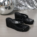 Women's sequin wedge sandals with shiny platform and round toe in silver finish