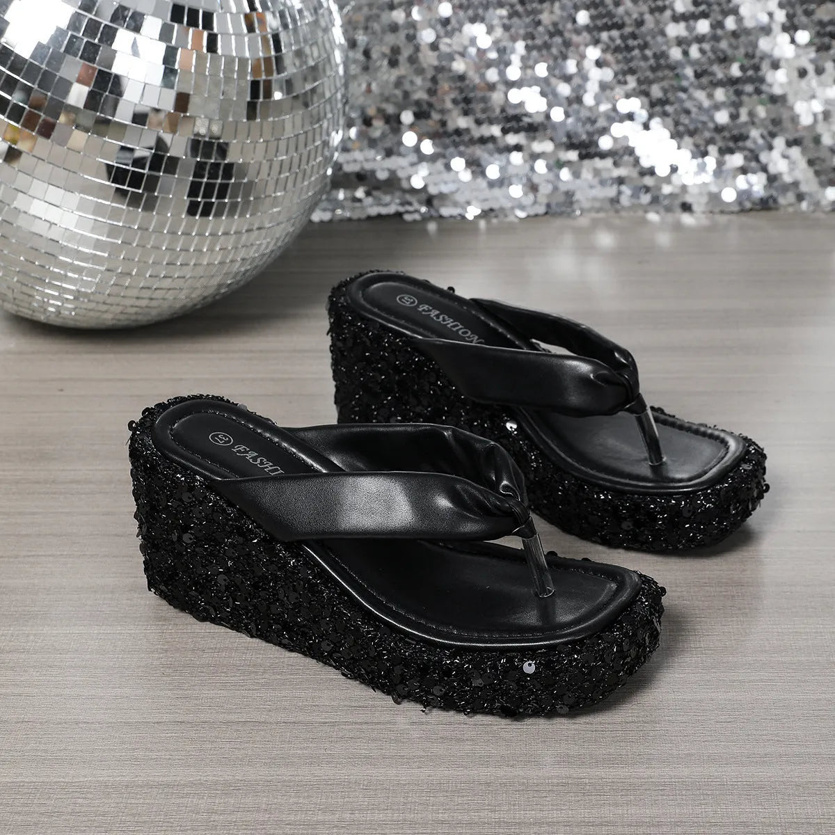 Women's sequin wedge sandals with shiny platform and round toe in silver finish