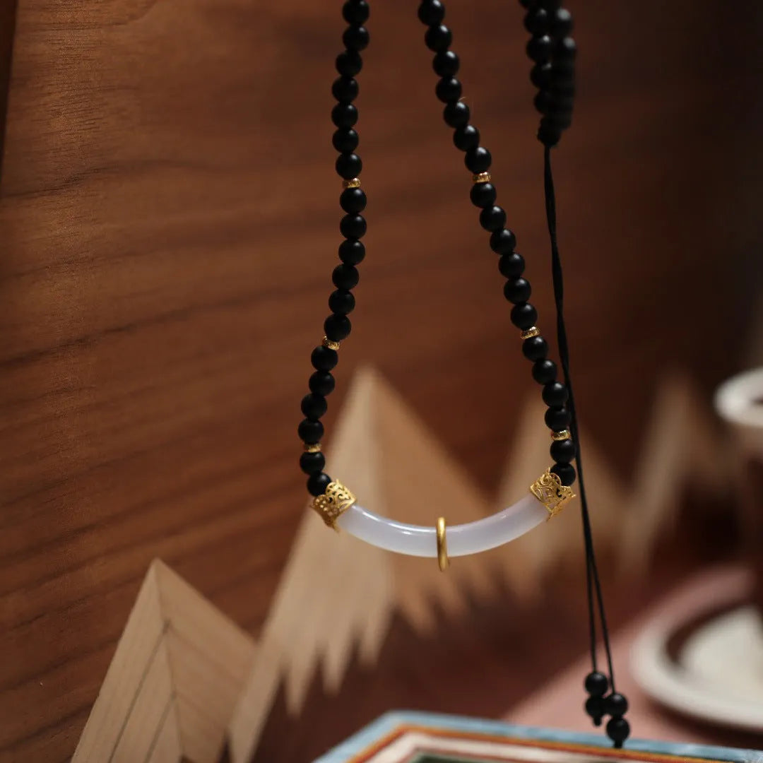 Natural frosted black agate and white chalcedony necklace with 925 silver Chinese-style pendant on ball bead chain